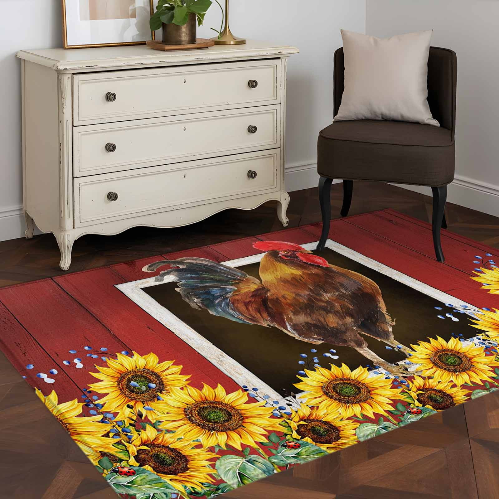 Chicken Area Rug 3'x5' Area Rugs, Chicken Sunflowers Indoor Outdoor Area Rug for Living ...
