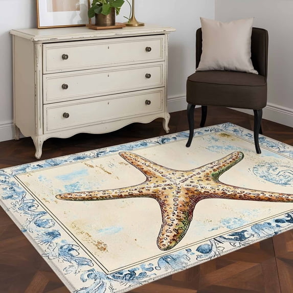 3'x5' Area Rugs, Coastal Beach Starfish Indoor Outdoor Area Rug for Living Room Bedroom, Summer Vintage Watercolor Wave Washable Bathroom Rugs Kitchen Floor Carpet Mats Home Decor Aesthetic