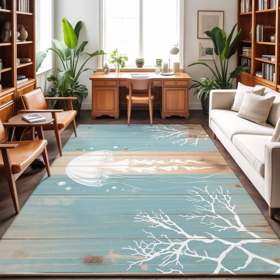 3'x5' Area Rugs, Coastal Jellyfish Indoor Outdoor Area Rug for Living Room Bedroom, Summer Coral Ocean Vintage Wood Washable Bathroom Rugs Kitchen Floor Carpet Mats Home Decor Aesthetic