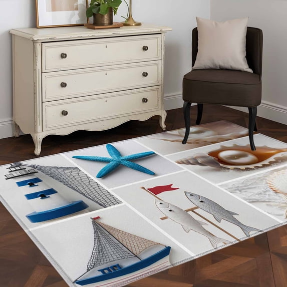 3'x5' Area Rugs, Coastal Starfish Indoor Outdoor Area Rug for Living Room Bedroom, Beach Lighthouse Conch Shell Ocean Pearl Washable Bathroom Rugs Kitchen Floor Carpet Mats Home Decor Aesthetic