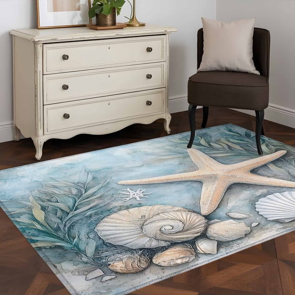 3'x5' Area Rugs, Coastal Starfish Indoor Outdoor Area Rug for Living Room Bedroom, Beach Summer Starfish Nautical Shell Blue Washable Bathroom Rugs Kitchen Floor Carpet Mats Home Decor Aesthetic
