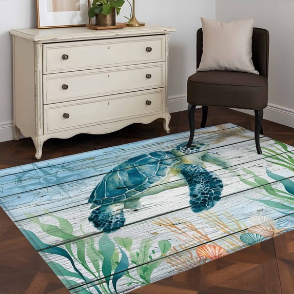 3'x5' Area Rugs, Coastal Turtle Indoor Outdoor Area Rug for Living Room Bedroom, Nautical Ocean Shells Seaweeds Starfish Washable Bathroom Rugs Kitchen Floor Carpet Mats Home Decor Aesthetic