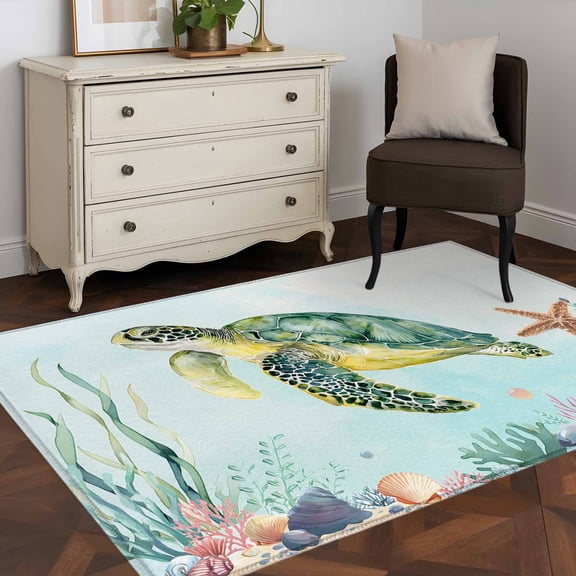 3'x5' Area Rugs, Coastal Turtle Indoor Outdoor Area Rug for Living Room Bedroom, Summer Farmhouse Nautical Starfish Shell Washable Bathroom Rugs Kitchen Floor Carpet Mats Home Decor Aesthetic