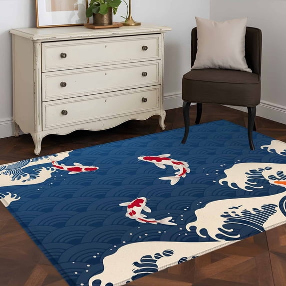 3'x5' Area Rugs, Coastal Wave Indoor Outdoor Area Rug for Living Room Bedroom, Japanese Style Ocean Fish Blue Washable Bathroom Rugs Kitchen Floor Carpet Mats Home Decor Aesthetic