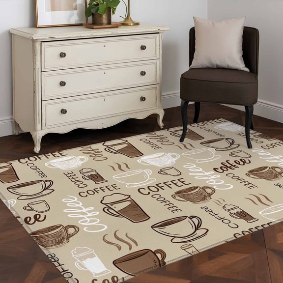 3'x5' Area Rugs, Coffee Indoor Outdoor Area Rug for Living Room Bedroom, Beige Farmhouse Retro Beans Latte Tea Cup Funny Washable Bathroom Rugs Kitchen Floor Carpet Mats Home Decor Aesthetic