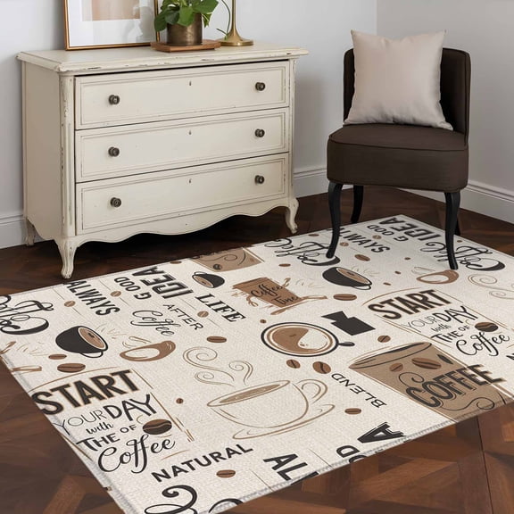 3'x5' Area Rugs, Coffee Indoor Outdoor Area Rug for Living Room Bedroom, Brown Beans Cup Dessert Drink Monochrome Washable Bathroom Rugs Kitchen Floor Carpet Mats Home Decor Aesthetic