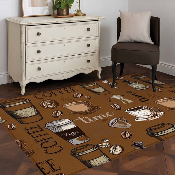 3'x5' Area Rugs, Coffee Theme Indoor Outdoor Area Rug for Living Room Bedroom, Funny Brown Vintage Beans Latte Tea Cup Washable Bathroom Rugs Kitchen Floor Carpet Mats Home Decor Aesthetic