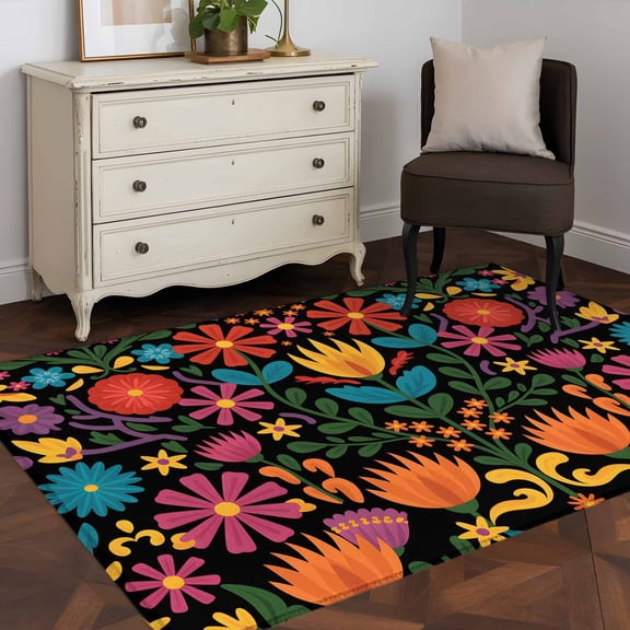 3'x5' Area Rugs, Colorful Mexico Indoor Outdoor Area Rug for Living Room Bedroom, Modern Abstract Flowers Leaf Orange Green Washable Bathroom Rugs Kitchen Floor Carpet Mats Home Decor Aesthetic
