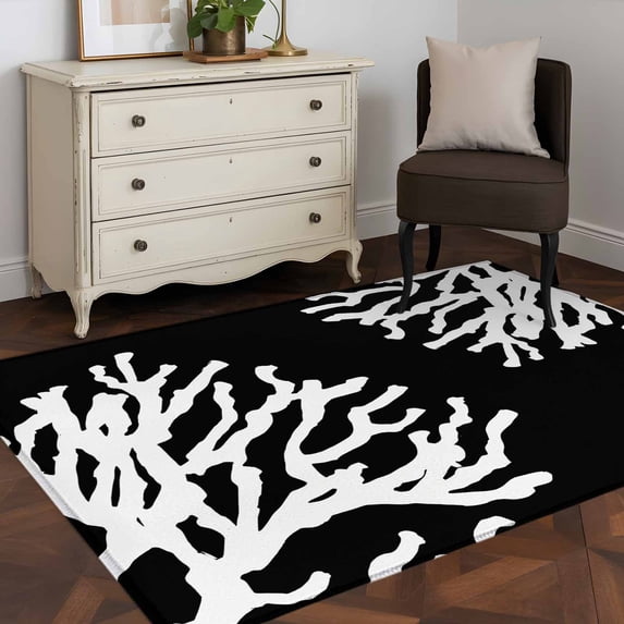 3'x5' Area Rugs, Coral Black Indoor Outdoor Area Rug for Living Room Bedroom, Coastal White Ocean Marine Nautical Beach Washable Bathroom Rugs Kitchen Floor Carpet Mats Home Decor Aesthetic
