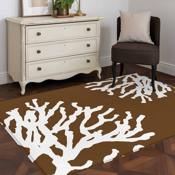 3'x5' Area Rugs, Coral Brown Indoor Outdoor Area Rug for Living Room Bedroom, White Coastal Ocean Marine Nautical Beach Washable Bathroom Rugs Kitchen Floor Carpet Mats Home Decor Aesthetic
