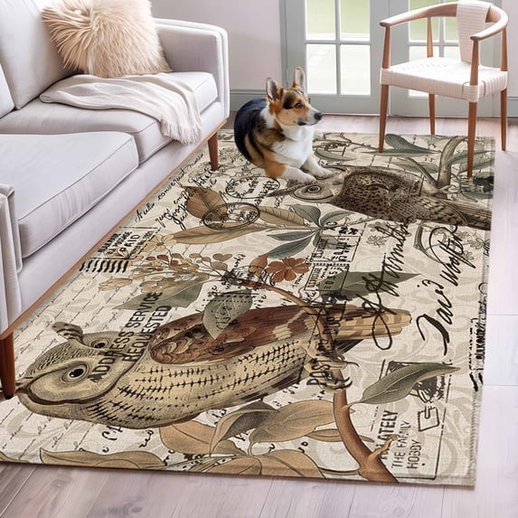 3'x5' Area Rugs, Country Owl Indoor Outdoor Area Rug for Living Room Bedroom, Rustic Sping Floral Botanical Postmark Washable Bathroom Rugs Kitchen Floor Carpet Mats Home Decor Aesthetic