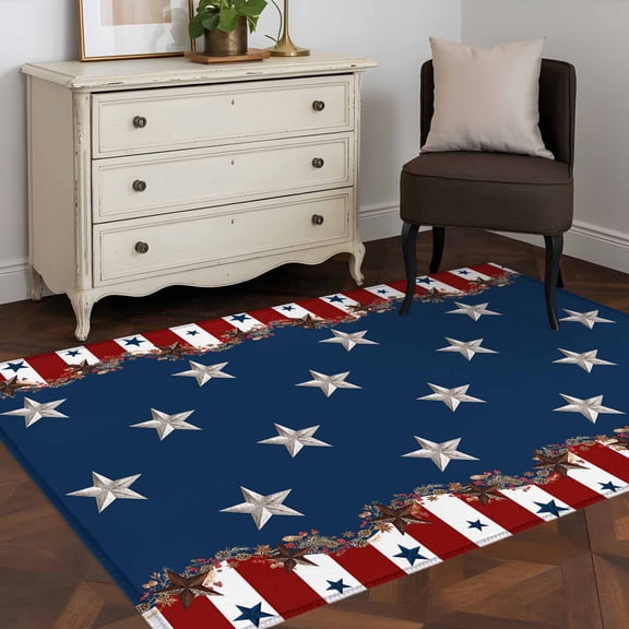 3'x5' Area Rugs, Country Star Farm Indoor Outdoor Area Rug for Living Room Bedroom, Red Blue Patriots Stripe American Flag Washable Bathroom Rugs Kitchen Floor Carpet Mats Home Decor Aesthetic