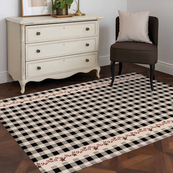 3'x5' Area Rugs, Country Star Plaid Indoor Outdoor Area Rug for Living Room Bedroom, Black Retro American Farm Barn Berry Washable Bathroom Rugs Kitchen Floor Carpet Mats Home Decor Aesthetic