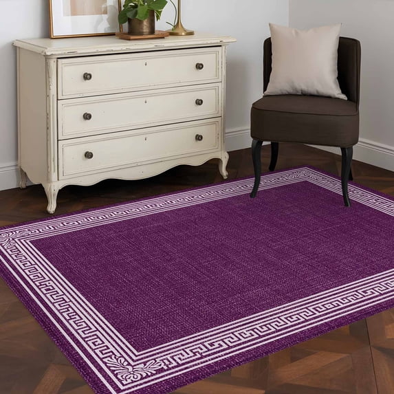 3'x5' Area Rugs, Dark Purple Retro Greek Key Indoor Outdoor Area Rug for Living Room Bedroom, Geometric Greece Ancient Farmhouse Washable Bathroom Rugs Kitchen Floor Carpet Mats Home Decor Aesthetic