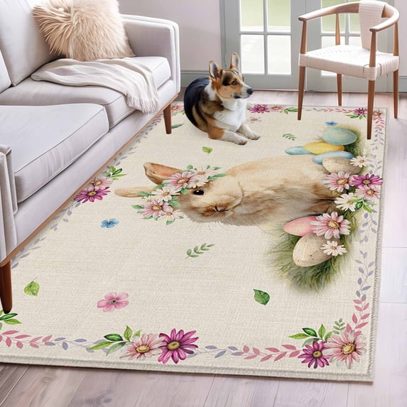 3'x5' Area Rugs, Easter Cute Bunny Indoor Outdoor Area Rug for Living Room Bedroom, Eggs Spring Daisy Flowers Vintage Washable Bathroom Rugs Kitchen Floor Carpet Mats Home Decor Aesthetic