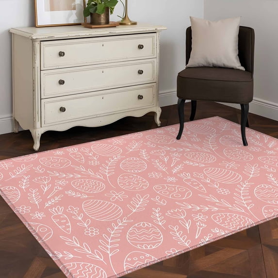 3'x5' Area Rugs, Easter Egg Indoor Outdoor Area Rug for Living Room Bedroom, Pink Flowers Leaves Line Hand-draw Washable Bathroom Rugs Kitchen Floor Carpet Mats Home Decor Aesthetic
