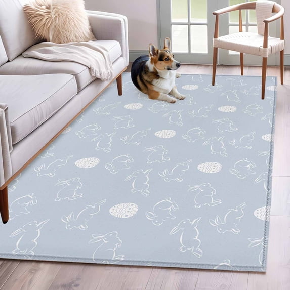 3'x5' Area Rugs, Easter Rabbits Indoor Outdoor Area Rug for Living Room Bedroom, Cartoon Bunny Eggs Animal Blue Washable Bathroom Rugs Kitchen Floor Carpet Mats Home Decor Aesthetic