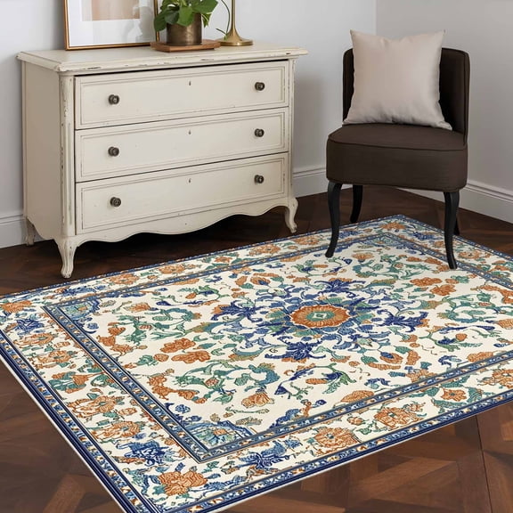 3'x5' Area Rugs, Ethnic Rustic Indoor Outdoor Area Rug for Living Room Bedroom, Boho Southwestern Heritage Orange Blue Green Washable Bathroom Rugs Kitchen Floor Carpet Mats Home Decor Aesthetic