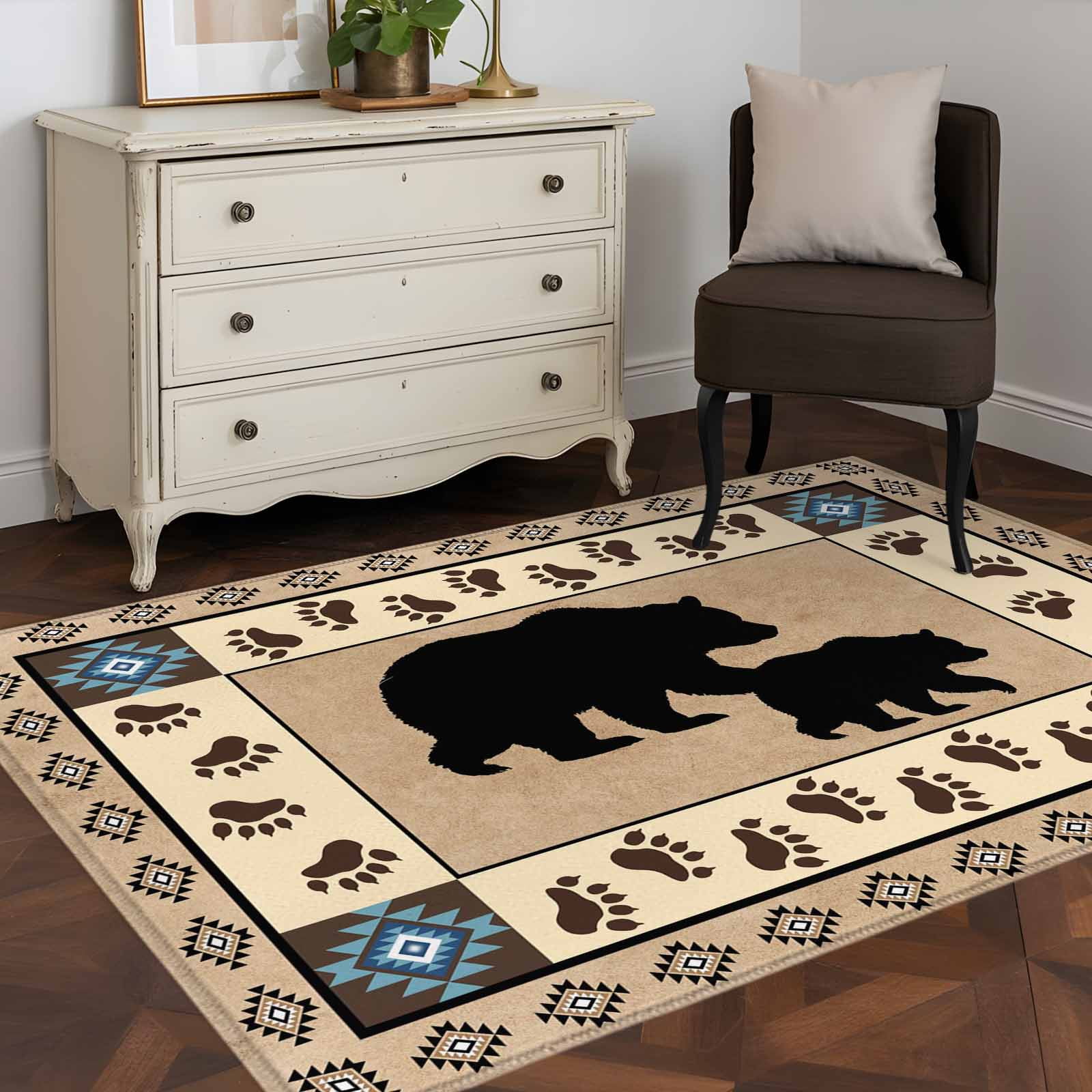 3'x5' Area Rugs, Farmhouse Bear Indoor Outdoor Area Rug for Living Room Bedroom, Country Vintage Animals Paw Print Brown Washable Bathroom Rugs Kitchen Floor Carpet Mats Home Decor Aesthetic
