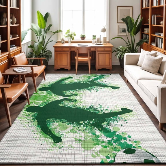 3'x5' Area Rugs, Football Indoor Outdoor Area Rug for Living Room Bedroom, Green Player Silhouette Soccer Sports Rustic Washable Bathroom Rugs Kitchen Floor Carpet Mats Home Decor Aesthetic