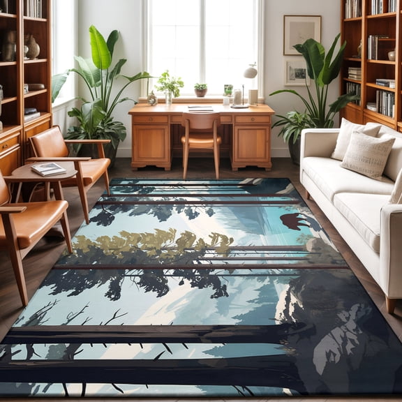 3'x5' Area Rugs, Forest Bear Cabin Indoor Outdoor Area Rug for Living Room Bedroom, Lake Snow Mountain Trees Washable Bathroom Rugs Kitchen Floor Carpet Mats Home Decor Aesthetic