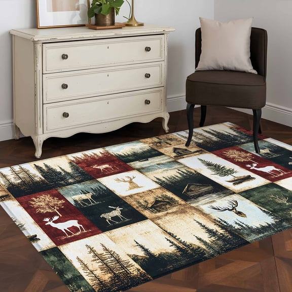 3'x5' Area Rugs, Forest Elk Indoor Outdoor Area Rug for Living Room Bedroom, Farmhouse Pine Tree Rustic Green Red Washable Bathroom Rugs Kitchen Floor Carpet Mats Home Decor Aesthetic