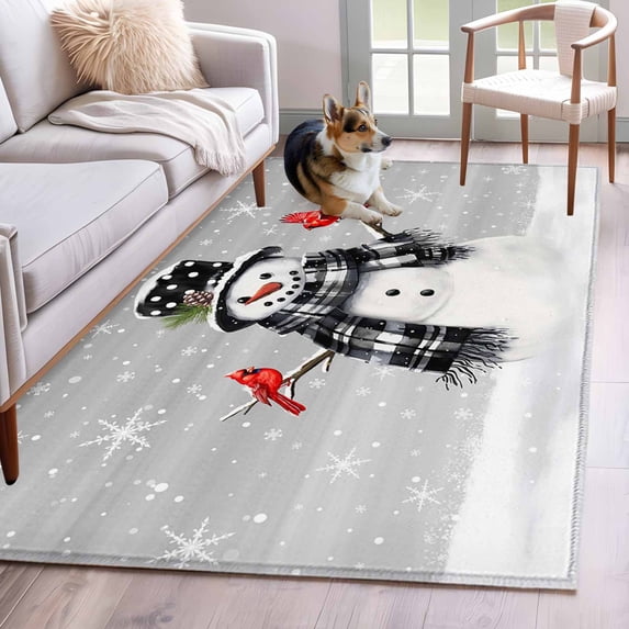 3'x5' Area Rugs, Grey Snowman Christmas Indoor Outdoor Area Rug for Living Room Bedroom, Xmas Snowflake Birds Washable Bathroom Rugs Kitchen Floor Carpet Mats Home Decor Aesthetic