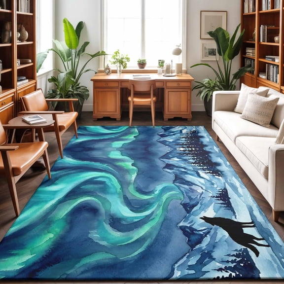 3'x5' Area Rugs, Howling Wolf Indoor Outdoor Area Rug for Living Room Bedroom, Boho Sky Boho Navy Turquoise Snowy Rustic Washable Bathroom Rugs Kitchen Floor Carpet Mats Home Decor Aesthetic