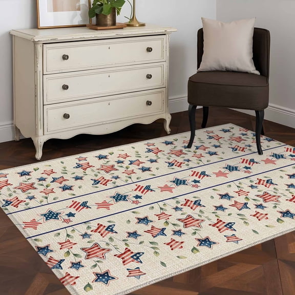 3'x5' Area Rugs, Independence Day Indoor Outdoor Area Rug for Living Room Bedroom, 4th of July Red Blue Stripes Star Burlap Washable Bathroom Rugs Kitchen Floor Carpet Mats Home Decor Aesthetic