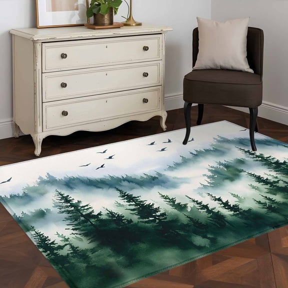 3'x5' Area Rugs, Ink Green Forest Indoor Outdoor Area Rug for Living Room Bedroom, Watercolor Modern Mountain Washable Bathroom Rugs Kitchen Floor Carpet Mats Home Decor Aesthetic