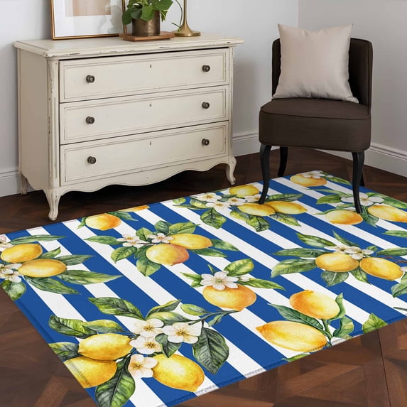 3'x5' Area Rugs, Lemon Flowers Indoor Outdoor Area Rug for Living Room Bedroom, Botanical Leaves Blue Vertical Stripes Washable Bathroom Rugs Kitchen Floor Carpet Mats Home Decor Aesthetic