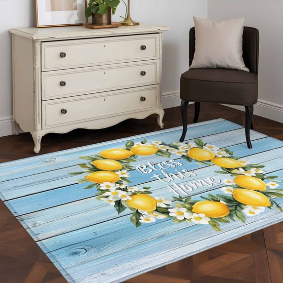 3'x5' Area Rugs, Lemon Wreath Indoor Outdoor Area Rug for Living Room Bedroom, Farmhouse Blue Wooden Floral Washable Bathroom Rugs Kitchen Floor Carpet Mats Home Decor Aesthetic