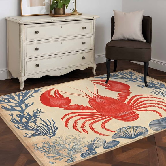 3'x5' Area Rugs, Lobster Coastal Indoor Outdoor Area Rug for Living Room Bedroom, Summer Beach Coral Shell Nautical Vintage Washable Bathroom Rugs Kitchen Floor Carpet Mats Home Decor Aesthetic