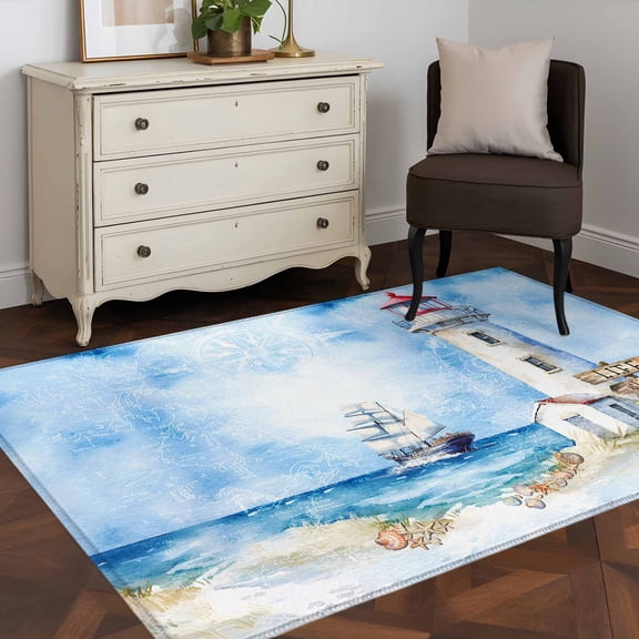 3'x5' Area Rugs, Nautical Blue Indoor Outdoor Area Rug for Living Room Bedroom, Lighthouse Ocean Sailboat Summer Painting Washable Bathroom Rugs Kitchen Floor Carpet Mats Home Decor Aesthetic
