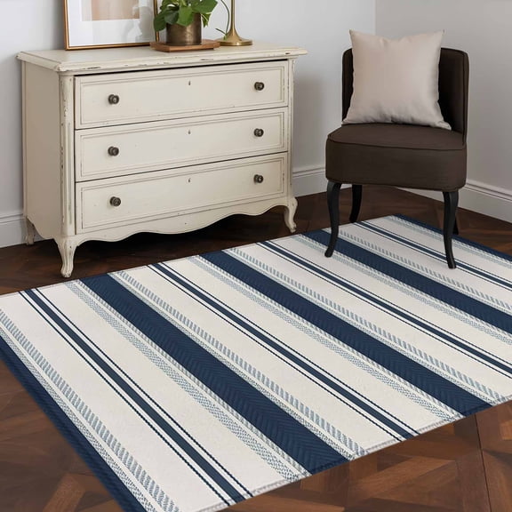 3'x5' Area Rugs, Navy Blue Beige Indoor Outdoor Area Rug for Living Room Bedroom, Retro Simple Abstract Vertical Stripes Washable Bathroom Rugs Kitchen Floor Carpet Mats Home Decor Aesthetic