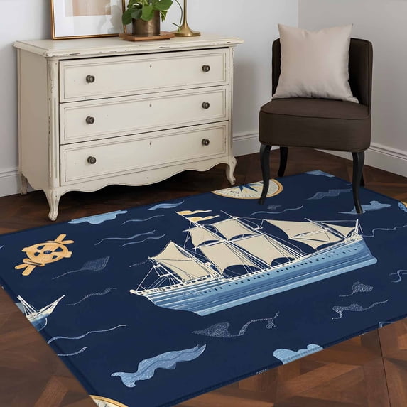 3'x5' Area Rugs, Navy Blue Boat Coastal Indoor Outdoor Area Rug for Living Room Bedroom, Summer Sea Beach Ocean Nautical Washable Bathroom Rugs Kitchen Floor Carpet Mats Home Decor Aesthetic