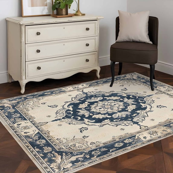 3'x5' Area Rugs, Navy Blue Boho Indoor Outdoor Area Rug for Living Room Bedroom, Retro Southwestern Ethnic Geometric Washable Bathroom Rugs Kitchen Floor Carpet Mats Home Decor Aesthetic