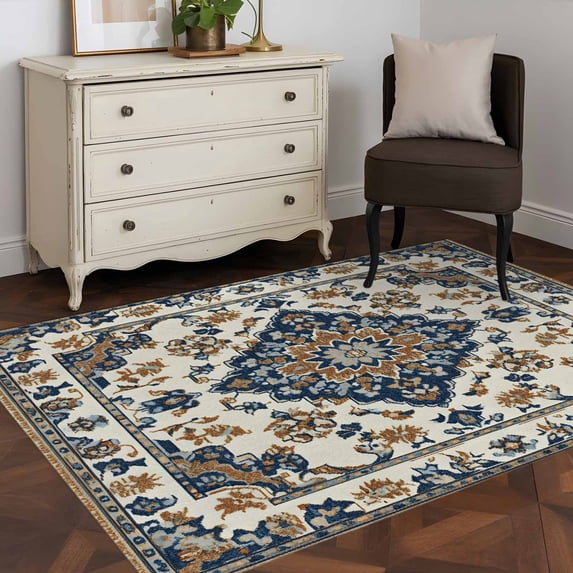 3'x5' Area Rugs, Navy Blue Brown Southwestern Indoor Outdoor Area Rug for Living Room Bedroom, Boho Retro Geometric Ethnic Washable Bathroom Rugs Kitchen Floor Carpet Mats Home Decor Aesthetic