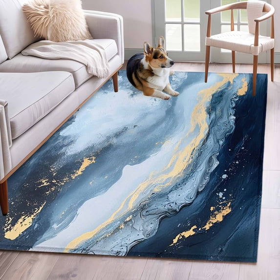 3'x5' Area Rugs, Navy Blue Ombre Marble Indoor Outdoor Area Rug for Living Room Bedroom, Modern Abstract Ink Painting Washable Bathroom Rugs Kitchen Floor Carpet Mats Home Decor Aesthetic