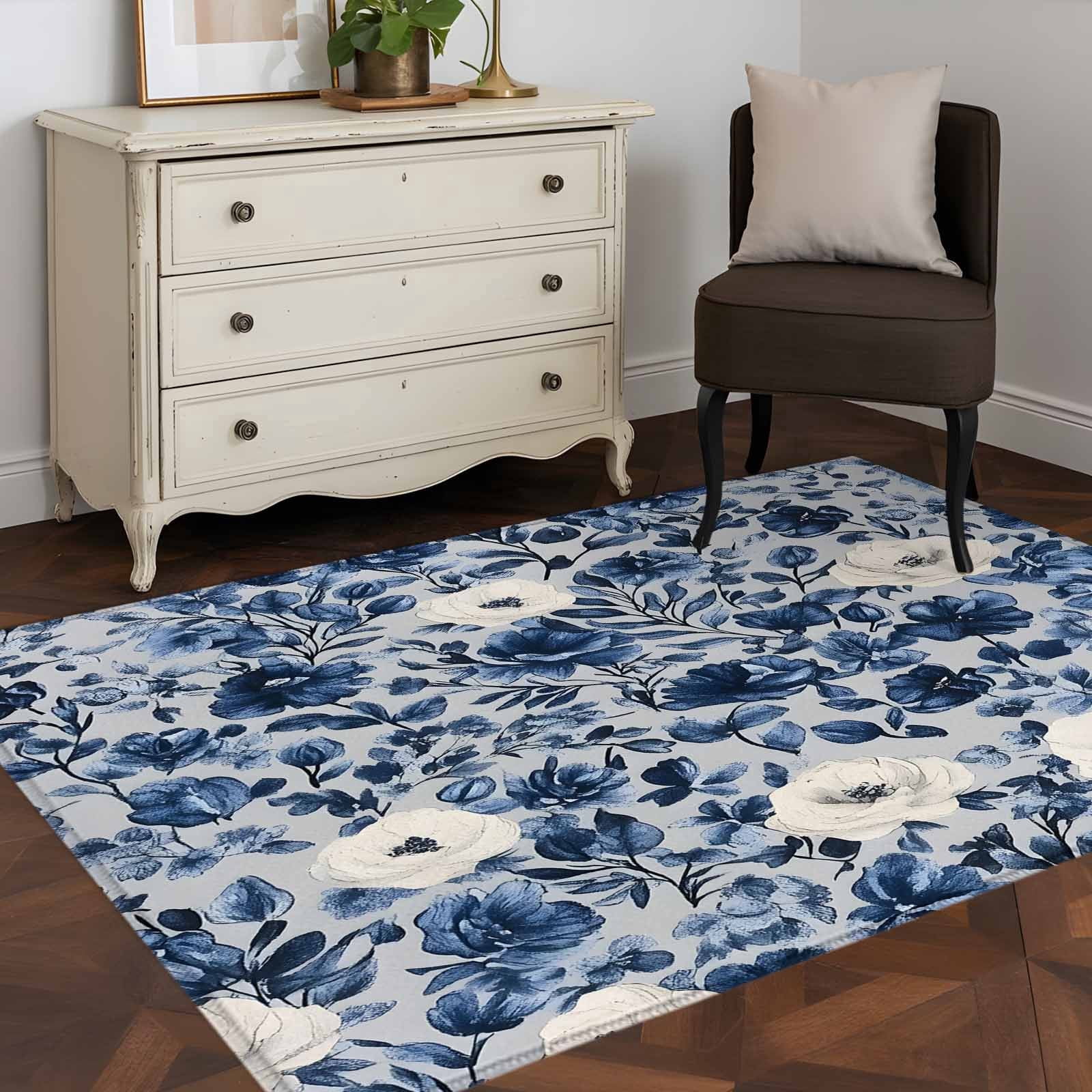 3'x5' Area Rugs, Navy Blue White Peony Indoor Outdoor Area Rug for Living Room Bedroom, Vintage Floral Blossom Washable Bathroom Rugs Kitchen Floor Carpet Mats Home Decor Aesthetic