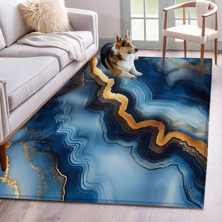 3'x5' Area Rugs, Navy Blue Yellow Marble Indoor Outdoor Area Rug for Living Room Bedroom, Abstract Ink Painting Contemporary Washable Bathroom Rugs Kitchen Floor Carpet Mats Home Decor Aesthetic
