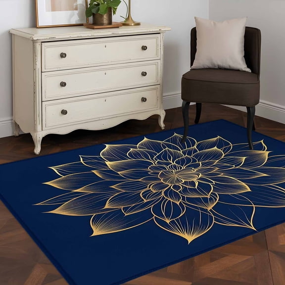 3'x5' Area Rugs, Navy Blue Yellow Spring Floral Indoor Outdoor Area Rug for Living Room Bedroom, Abstract Blossoms Botanical Washable Bathroom Rugs Kitchen Floor Carpet Mats Home Decor Aesthetic