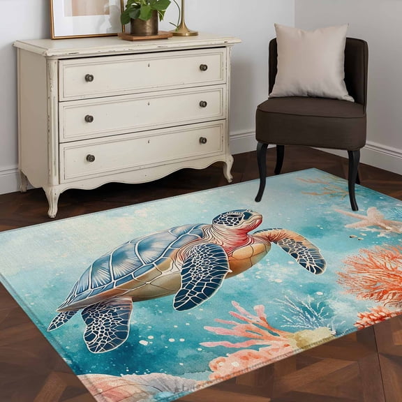 3'x5' Area Rugs, Ocean Turtle Indoor Outdoor Area Rug for Living Room Bedroom, Coastal Blue Coral Starfish Shell Washable Bathroom Rugs Kitchen Floor Carpet Mats Home Decor Aesthetic