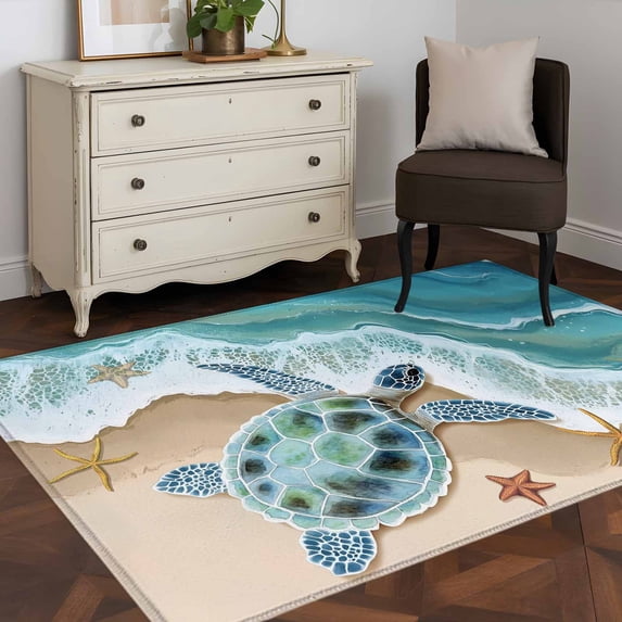 3'x5' Area Rugs, Ocean Turtle Indoor Outdoor Area Rug for Living Room Bedroom, Gradient Turquoise Wave Starfish Beach Washable Bathroom Rugs Kitchen Floor Carpet Mats Home Decor Aesthetic