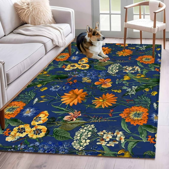 3'x5' Area Rugs, Orange Blue Spring Floral Indoor Outdoor Area Rug for Living Room Bedroom, Vintage Botanical Summer Flower Washable Bathroom Rugs Kitchen Floor Carpet Mats Home Decor Aesthetic
