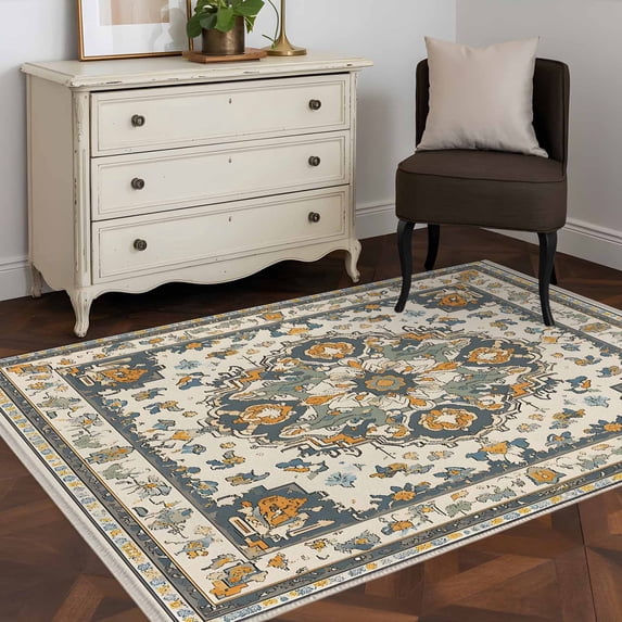 3'x5' Area Rugs, Orange Boho Indoor Outdoor Area Rug for Living Room Bedroom, Southwestern Geometric Vintage Ethnic Washable Bathroom Rugs Kitchen Floor Carpet Mats Home Decor Aesthetic