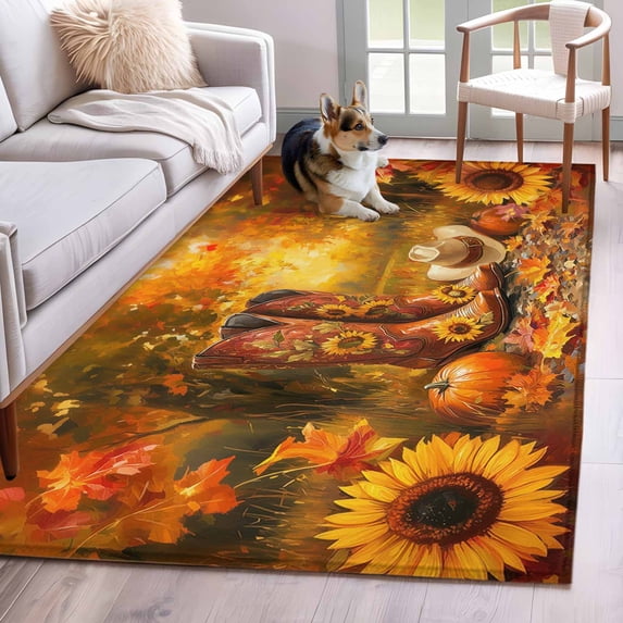 3'x5' Area Rugs, Orange Western Fall Indoor Outdoor Area Rug for Living Room Bedroom, Sunflower Thanksgiving Pumpkin Washable Bathroom Rugs Kitchen Floor Carpet Mats Home Decor Aesthetic