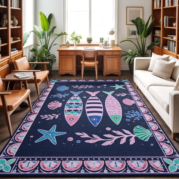 3'x5' Area Rugs, Pink Blue Fish Coastal Indoor Outdoor Area Rug for Living Room Bedroom, Nautical Modern Abstract Art Seaside Washable Bathroom Rugs Kitchen Floor Carpet Mats Home Decor Aesthetic
