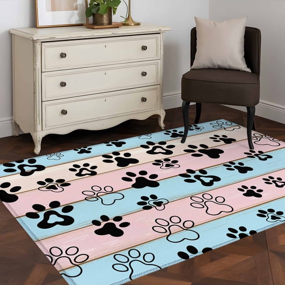 3'x5' Area Rugs, Pink Blue Paw Print Indoor Outdoor Area Rug for Living Room Bedroom, Vintage Farmhouse Rustic Wooden Grain Washable Bathroom Rugs Kitchen Floor Carpet Mats Home Decor Aesthetic