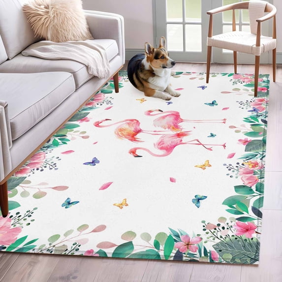 3'x5' Area Rugs, Pink Flamingo Indoor Outdoor Area Rug for Living Room Bedroom, Tropical Botanical Summer Butterfly Flower Washable Bathroom Rugs Kitchen Floor Carpet Mats Home Decor Aesthetic